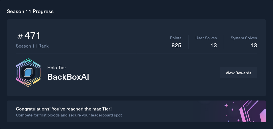 Season 11 progress for the BackBoxAI account: Holo tier, 825 points, thirteen user solves and thirteen system solves